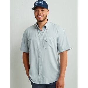 Huk Mens Tide Point Fishing Shirt XXXL Light Blue Short‎ Sleeve Button Up